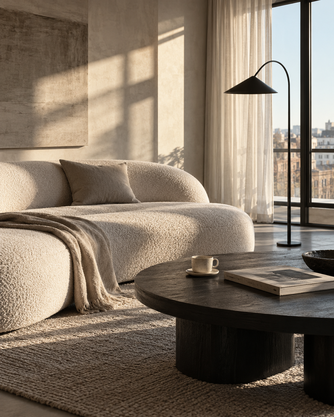 Lichtdurchflutetes Wohnzimmer mit hellem Sofa und dunklem Couchtisch
